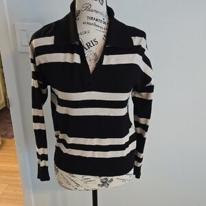 Tahari Black and White Striped V-Neck Sweater